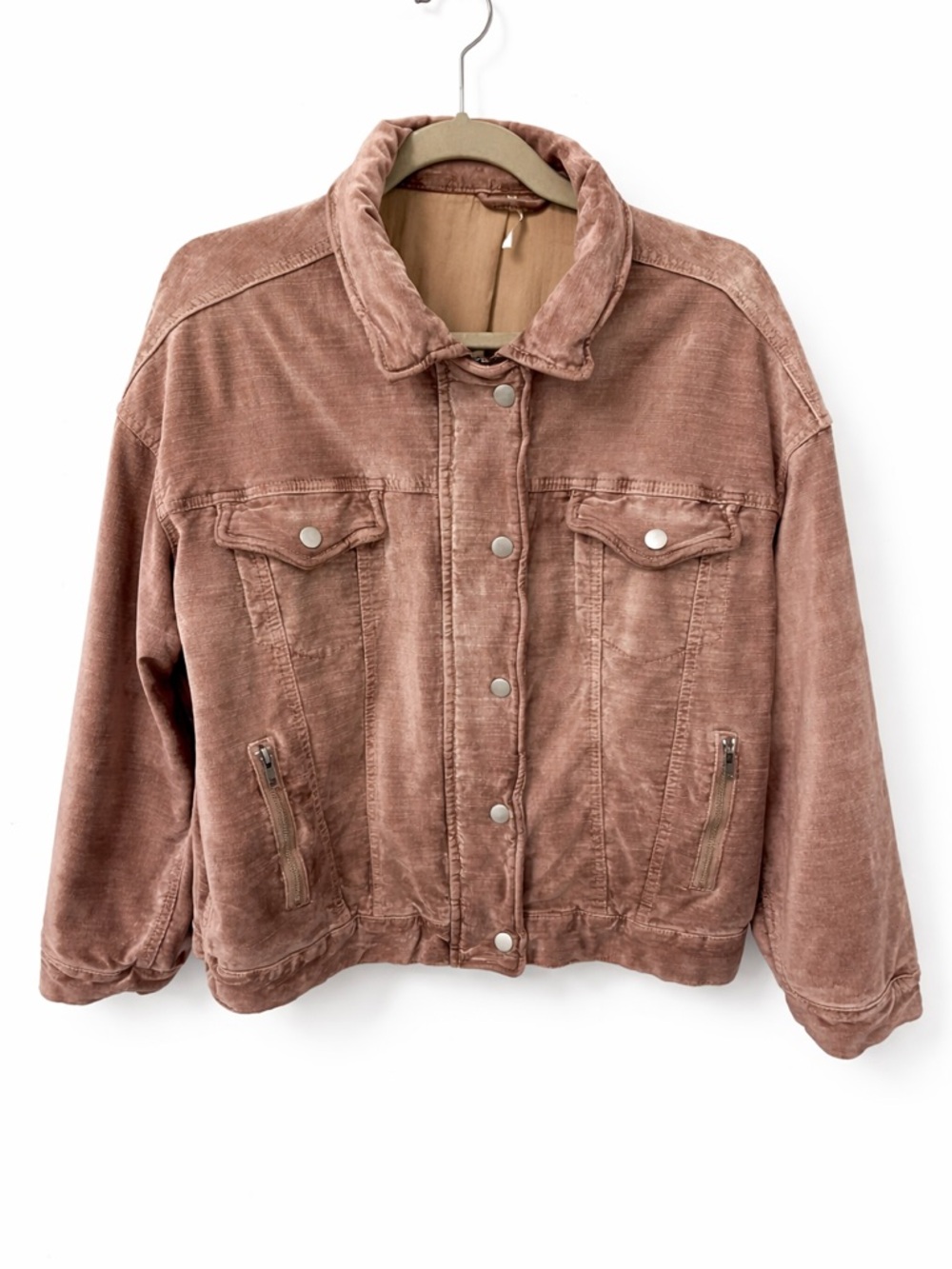 Free People Velvet Mauve Oversized Trucker Jacket Sz XS Fits S / M Spring Chic - Picture 4 of 16
